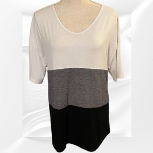 Shein 3 Tone Medium Wide Stripe V Neck Tee, Black White Gray